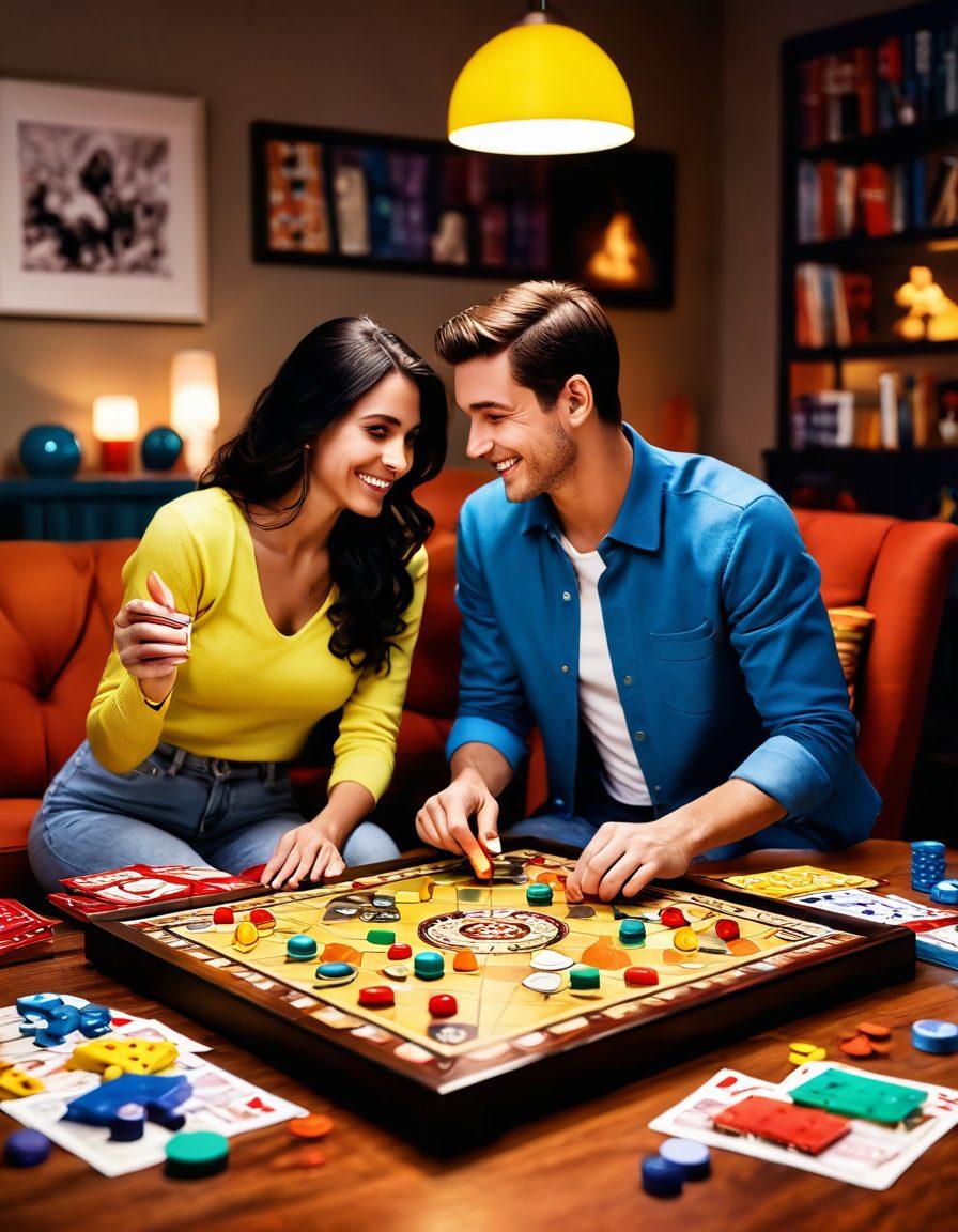A vibrant scene depicting a playful and intimate atmosphere, featuring a couple engaging in a fun and flirtatious board game surrounded by colorful game pieces and playful props. The background should hint at a cozy, romantic setting with soft lighting and playful textures, symbolizing the fusion of intimacy and playfulness. The couple should exude joy and desire, inviting the viewer to explore this exciting realm. 3D. vibrant colors. cozy ambiance.