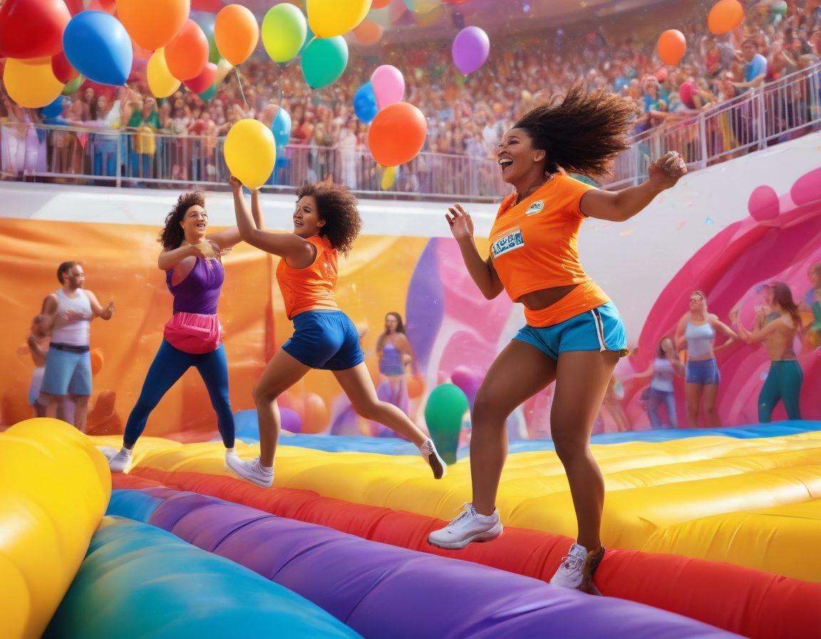 A vibrant and energetic scene depicting adults engaged in playful and sensual Olympics-style competitions, showcasing diverse participants in colorful athletic wear. Incorporate playful elements like inflatable obstacle courses, sensual dance challenges, and laughter-filled interactions. The background should feature a festive atmosphere with balloons and banners celebrating pleasure tournaments. Use warm, inviting colors to evoke a sense of joy and community. super-realistic. vibrant colors. 3D.